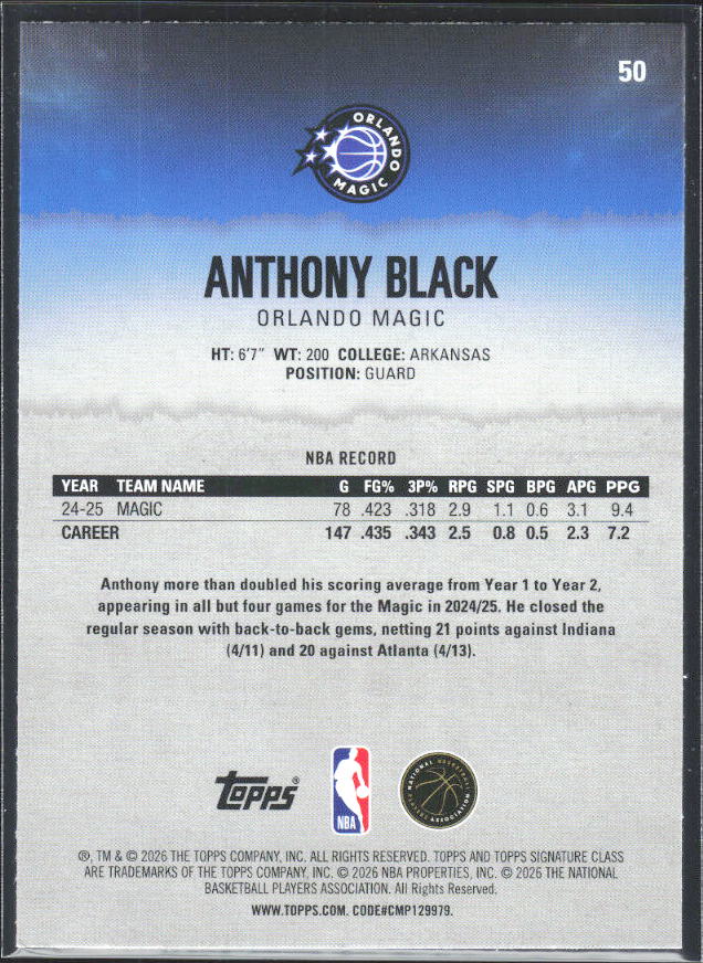 2025-26 Topps Signature Class #50 Anthony Black - baksida
