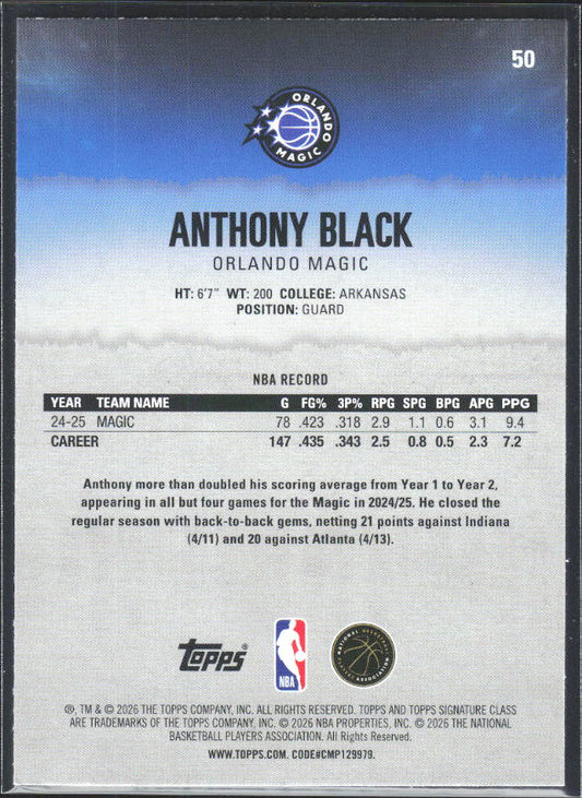 2025-26 Topps Signature Class #50 Anthony Black - baksida