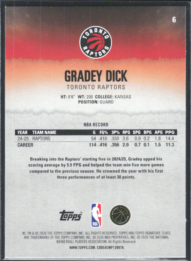 2025-26 Topps Signature Class #6 Gradey Dick - baksida