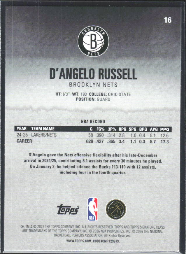 2025-26 Topps Signature Class #16 D'Angelo Russell - baksida