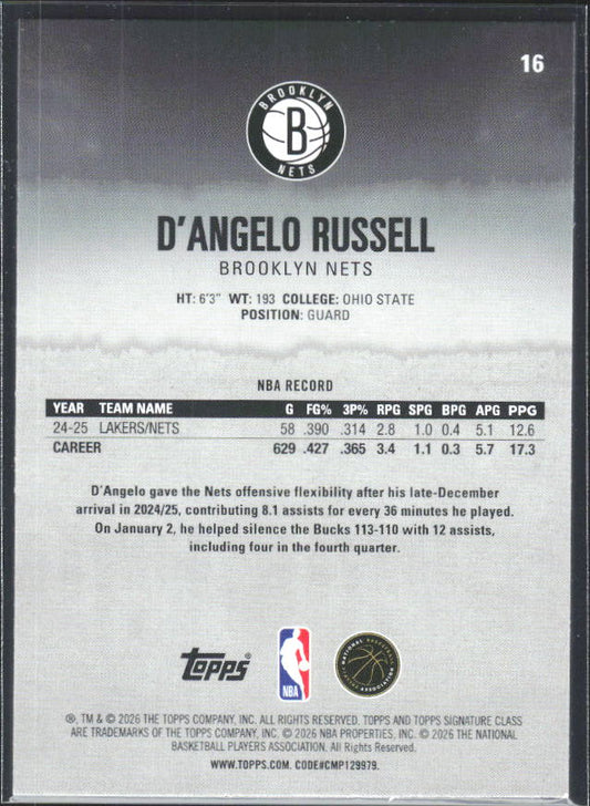 2025-26 Topps Signature Class #16 D'Angelo Russell - baksida