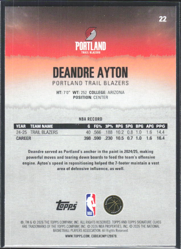 2025-26 Topps Signature Class #22 Deandre Ayton - baksida