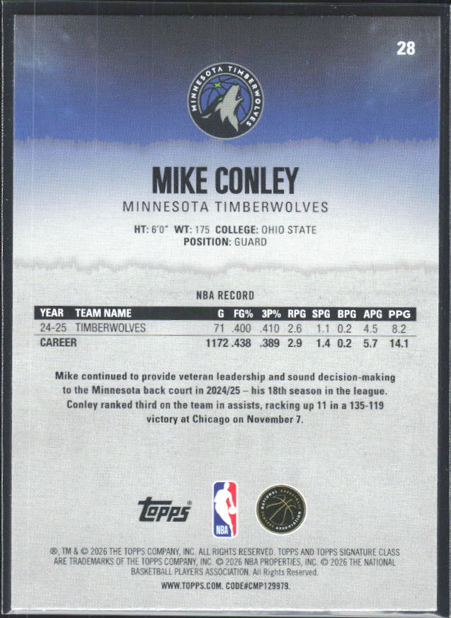 2025-26 Topps Signature Class #28 Mike Conley - baksida
