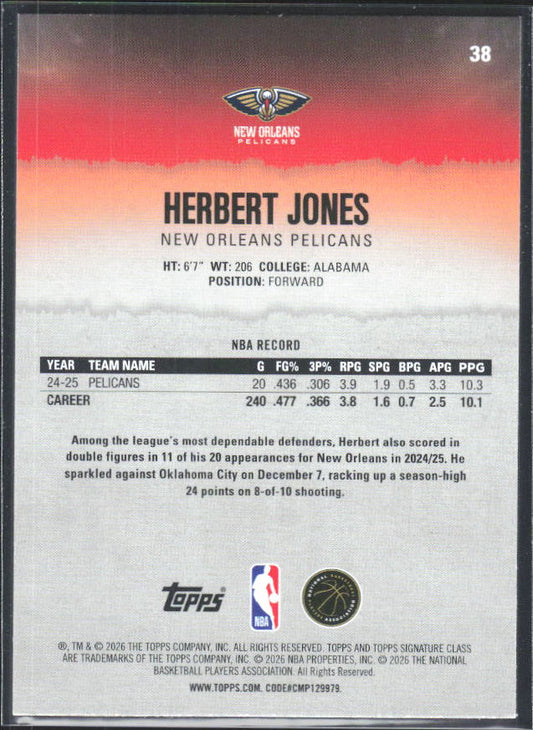2025-26 Topps Signature Class #38 Herbert Jones - baksida