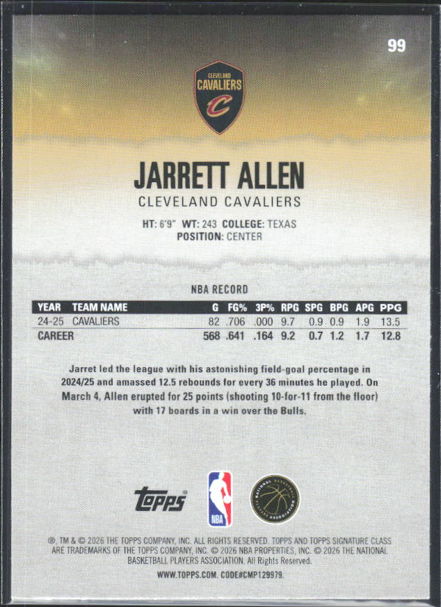 2025-26 Topps Signature Class #99 Jarrett Allen - baksida