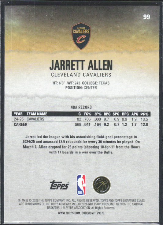 2025-26 Topps Signature Class #99 Jarrett Allen - baksida