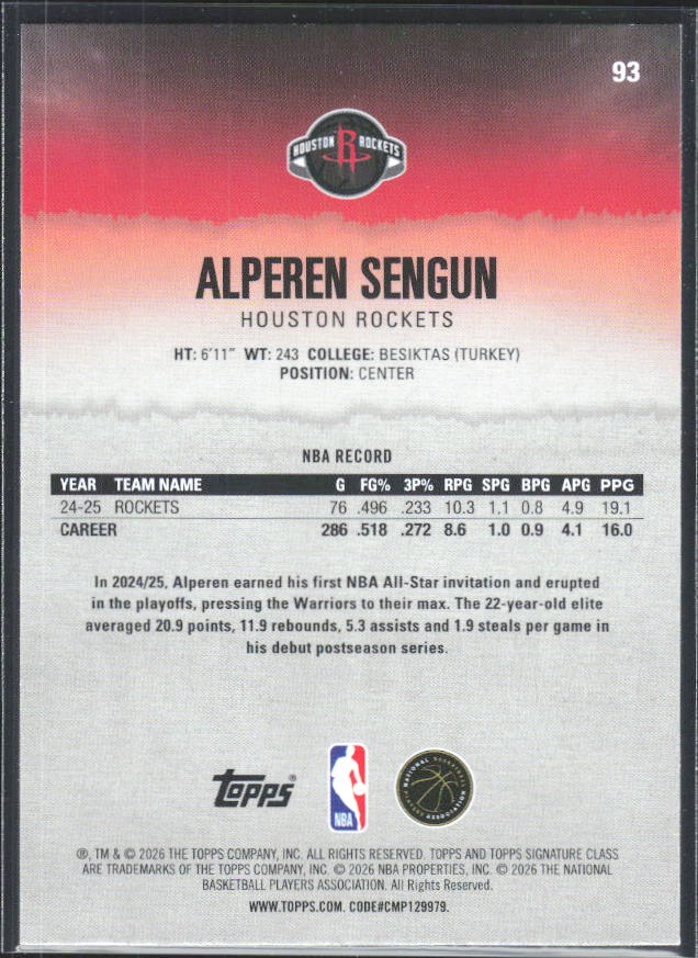 2025-26 Topps Signature Class #93 Alperen Sengun - baksida