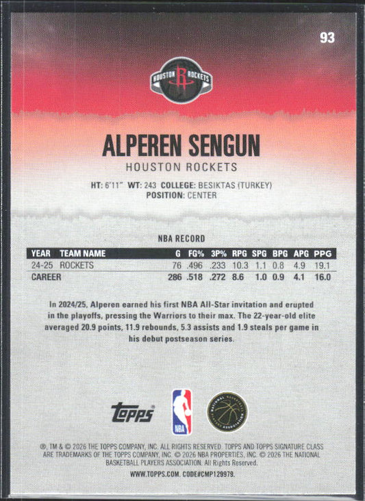 2025-26 Topps Signature Class #93 Alperen Sengun - baksida