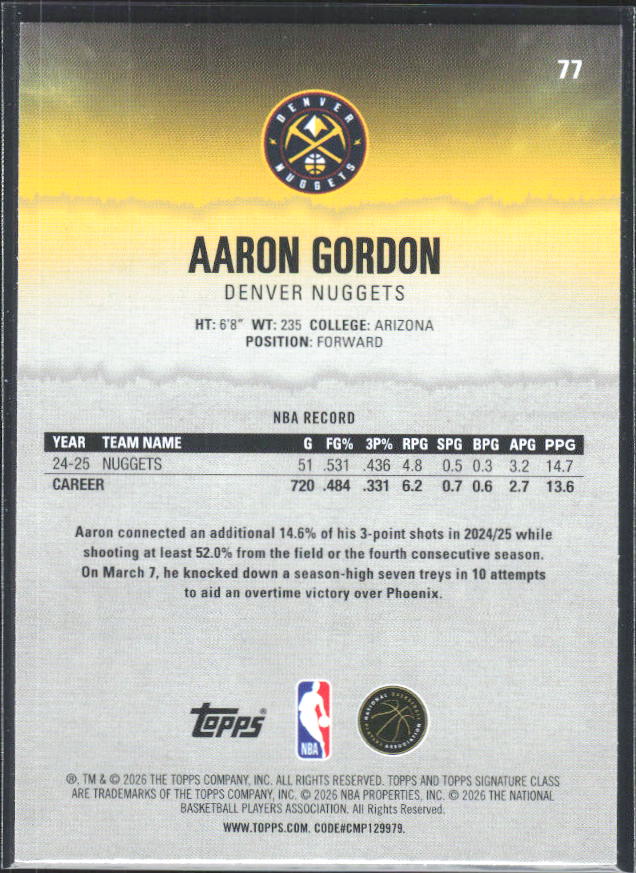 2025-26 Topps Signature Class #77 Aaron Gordon - baksida
