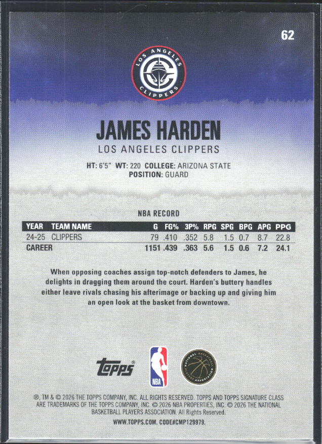 2025-26 Topps Signature Class #62 James Harden - baksida