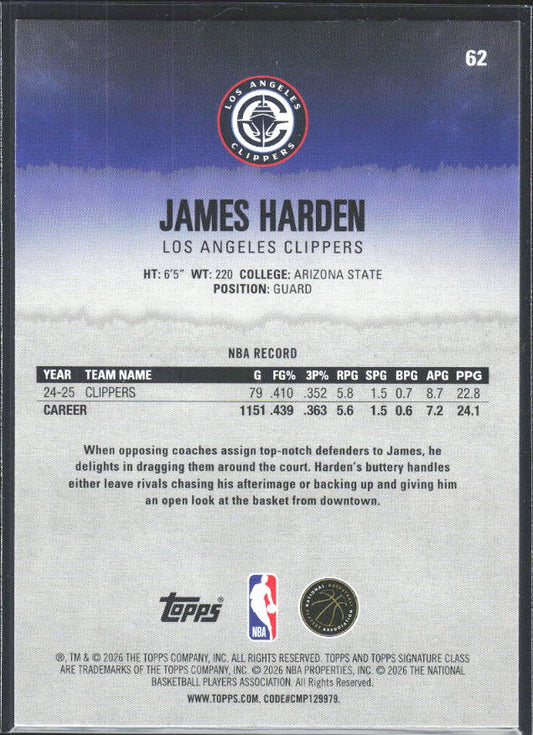 2025-26 Topps Signature Class #62 James Harden - baksida