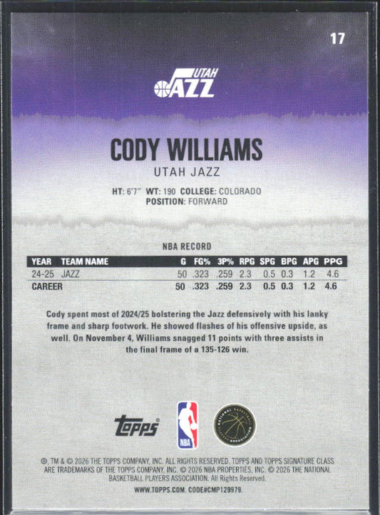 2025-26 Topps Signature Class #17 Cody Williams - baksida