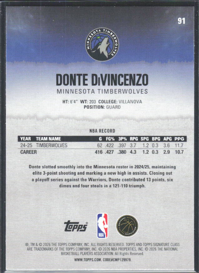 2025-26 Topps Signature Class #91 Donte DiVincenzo - baksida