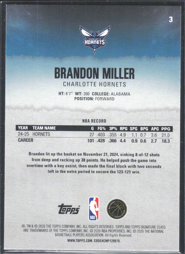 2025-26 Topps Signature Class #3 Brandon Miller - baksida