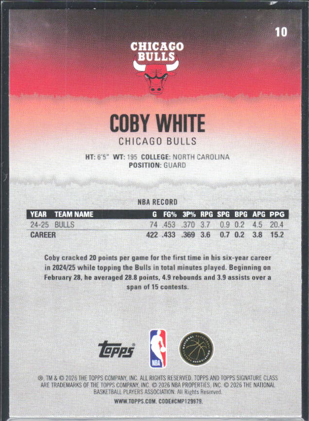 2025-26 Topps Signature Class #10 Coby White - baksida