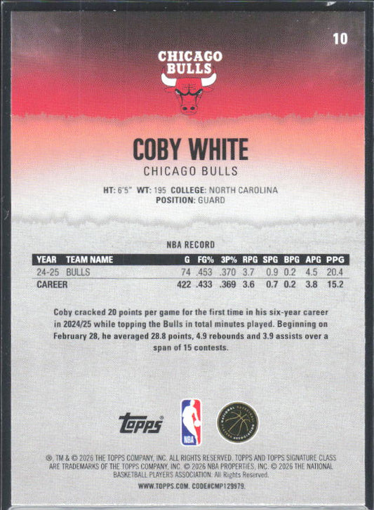 2025-26 Topps Signature Class #10 Coby White - baksida