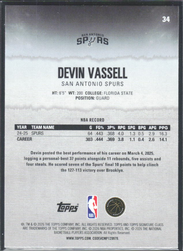 2025-26 Topps Signature Class #34 Devin Vassell - baksida