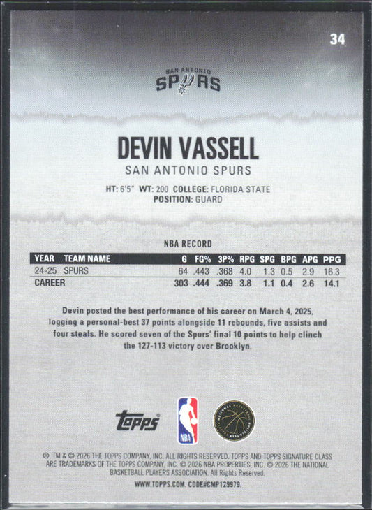 2025-26 Topps Signature Class #34 Devin Vassell - baksida