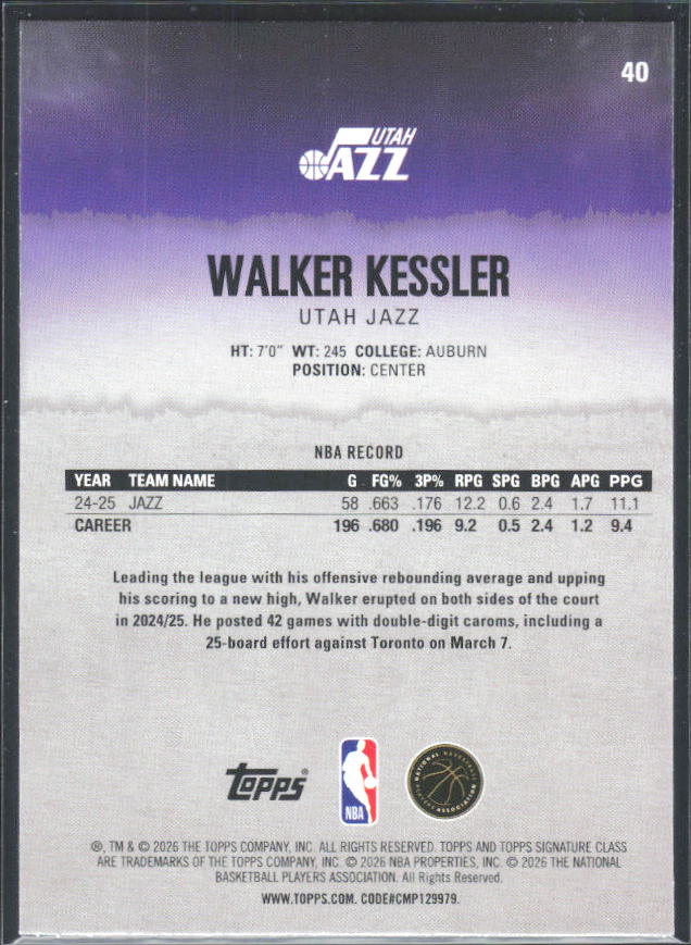 2025-26 Topps Signature Class #40 Walker Kessler - baksida