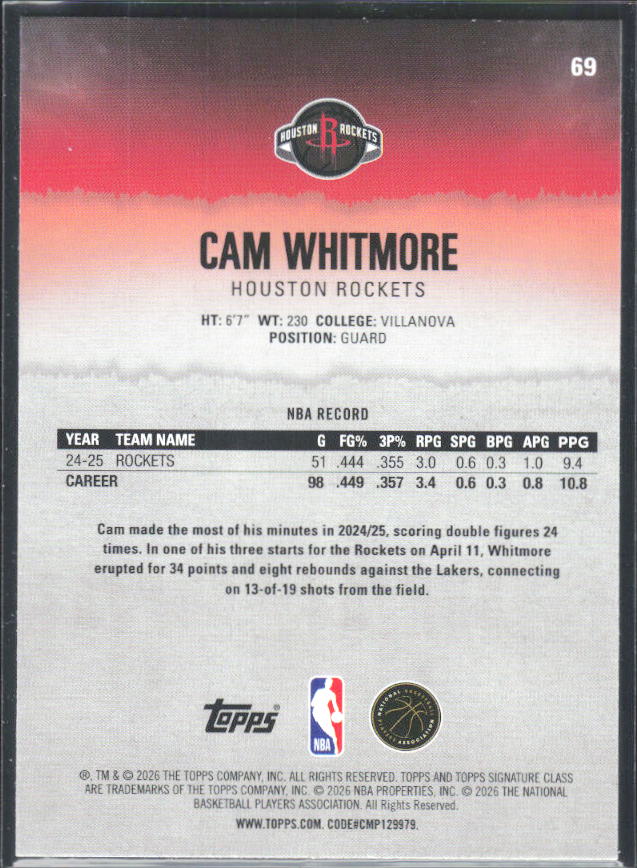 2025-26 Topps Signature Class #69 Cam Whitmore - baksida