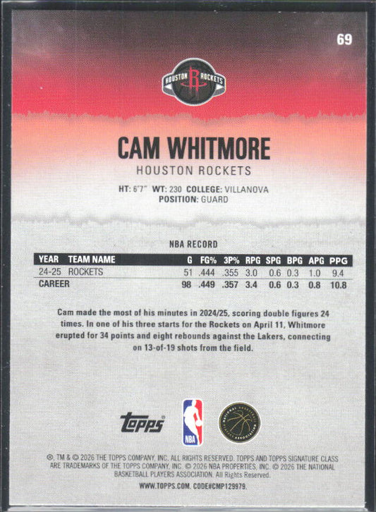2025-26 Topps Signature Class #69 Cam Whitmore - baksida