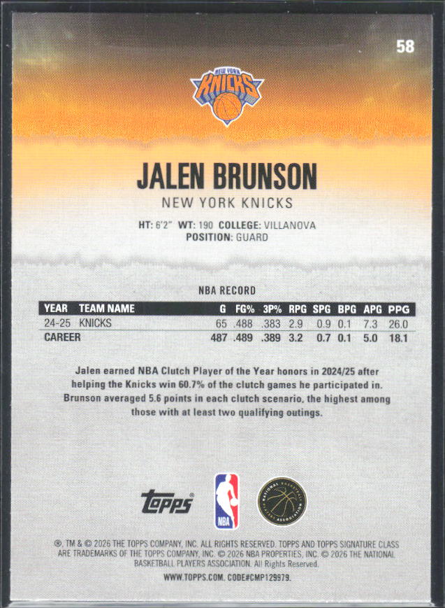 2025-26 Topps Signature Class #58 Jalen Brunson - baksida