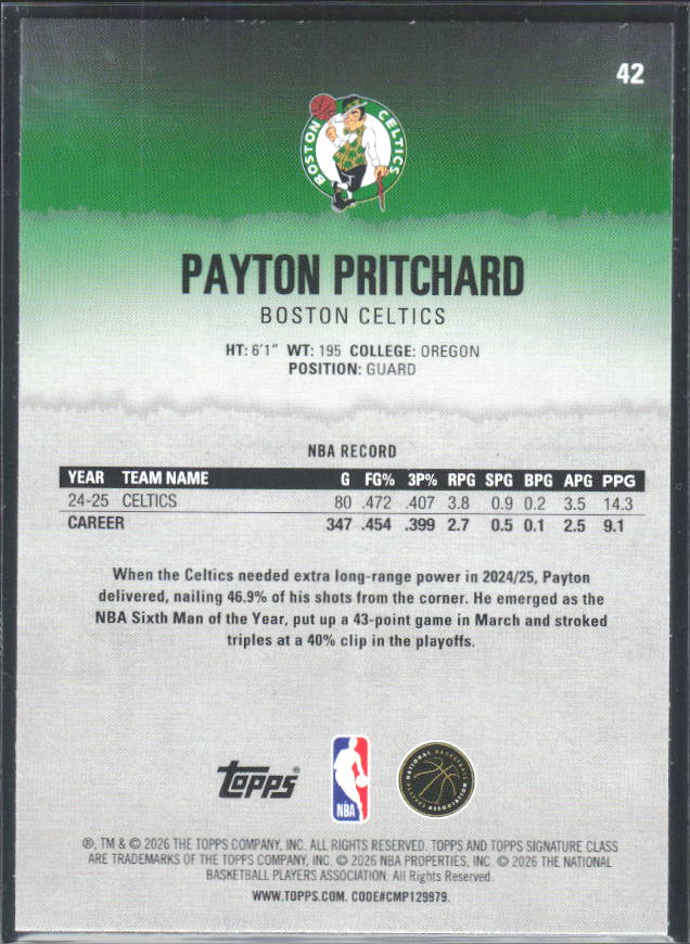 2025-26 Topps Signature Class #42 Payton Pritchard - baksida