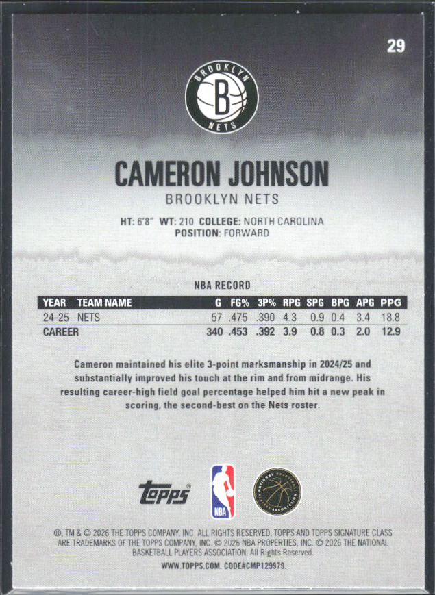 2025-26 Topps Signature Class #29 Cameron Johnson - baksida