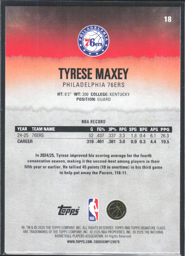 2025-26 Topps Signature Class #18 Tyrese Maxey - baksida