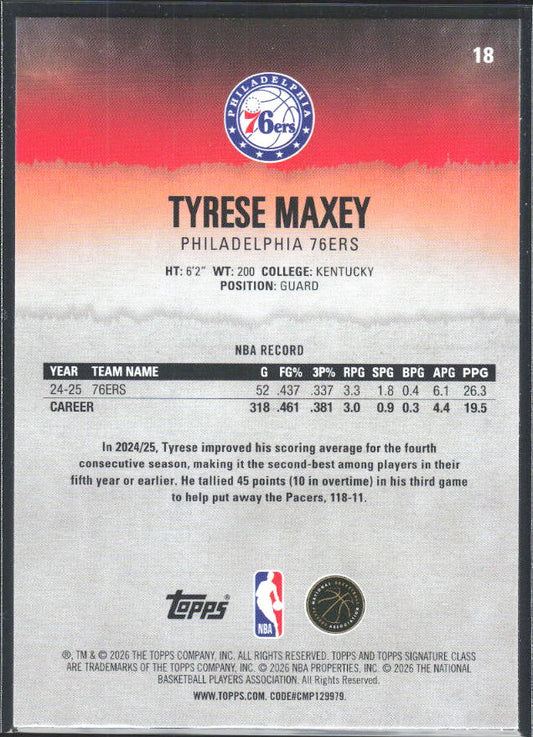 2025-26 Topps Signature Class #18 Tyrese Maxey - baksida
