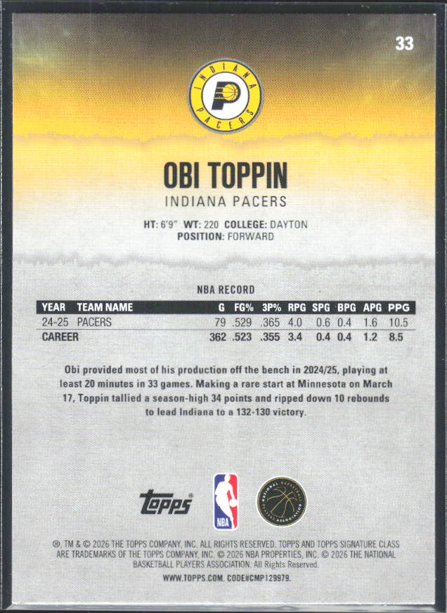 2025-26 Topps Signature Class #33 Obi Toppin - baksida