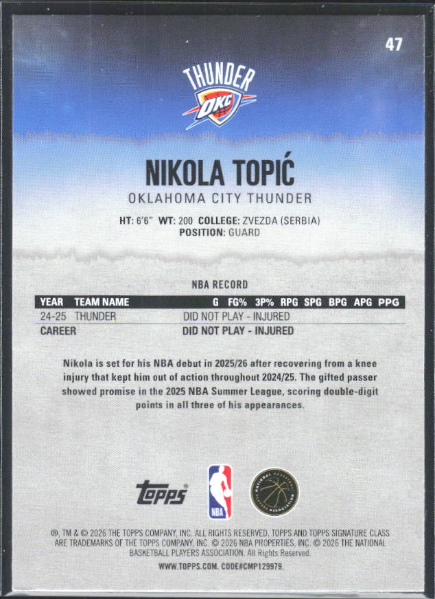 2025-26 Topps Signature Class #47 Nikola Topić - baksida