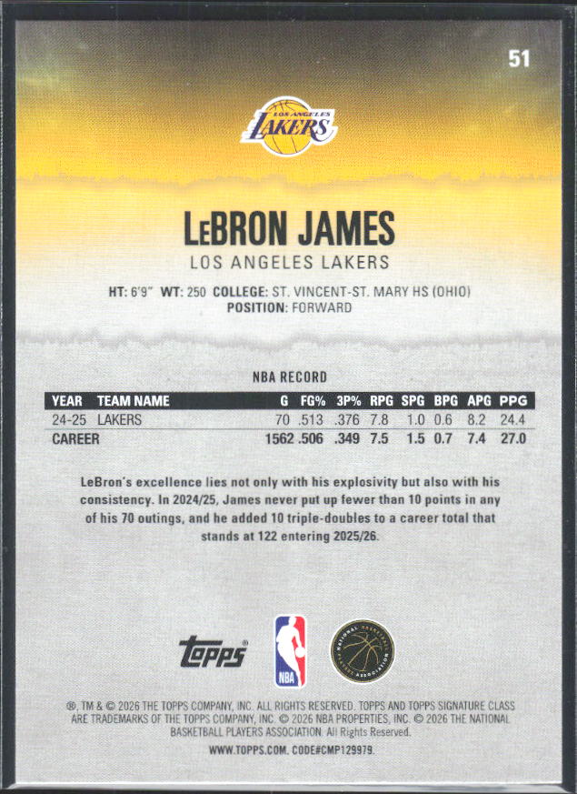 2025-26 Topps Signature Class #51 LeBron James - baksida