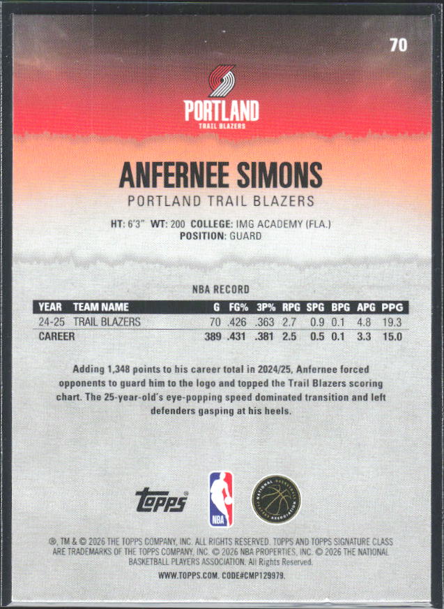 2025-26 Topps Signature Class #70 Anfernee Simons - baksida