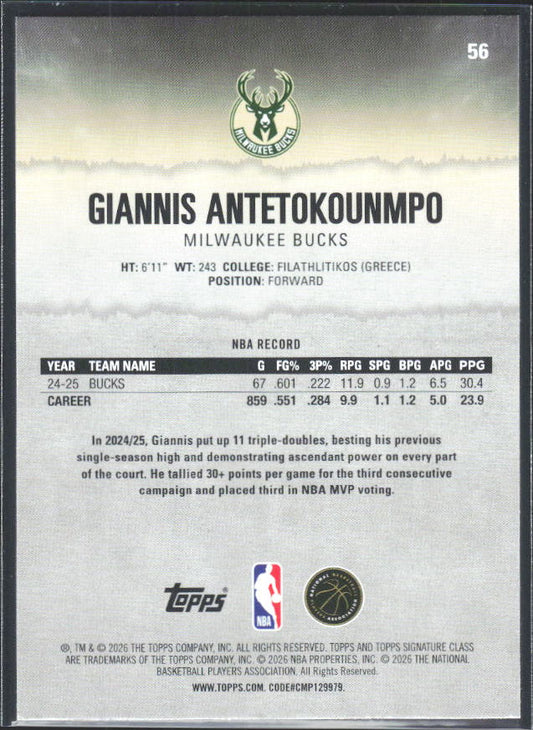 2025-26 Topps Signature Class #56 Giannis Antetokounmpo - baksida