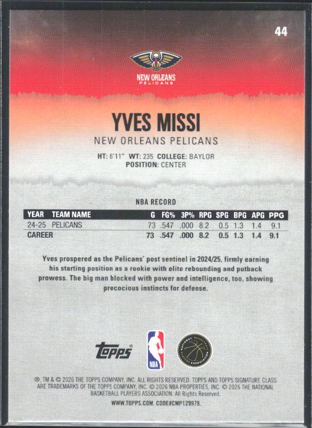 2025-26 Topps Signature Class #44 Yves Missi - baksida