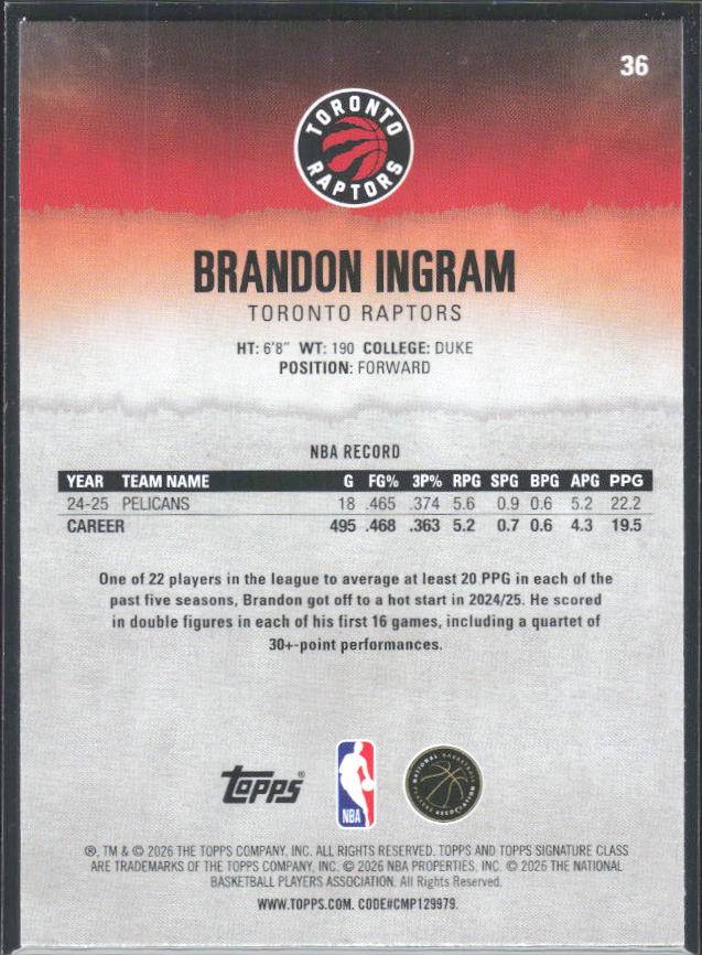 2025-26 Topps Signature Class #36 Brandon Ingram - baksida
