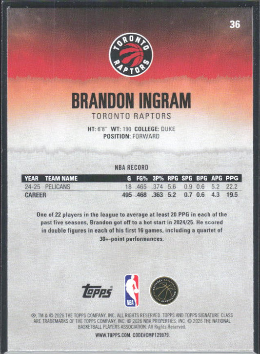 2025-26 Topps Signature Class #36 Brandon Ingram - baksida