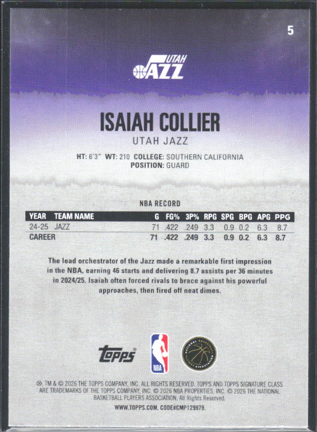 2025-26 Topps Signature Class #5 Isaiah Collier - baksida
