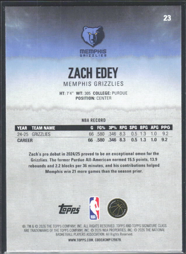 2025-26 Topps Signature Class #23 Zach Edey - baksida