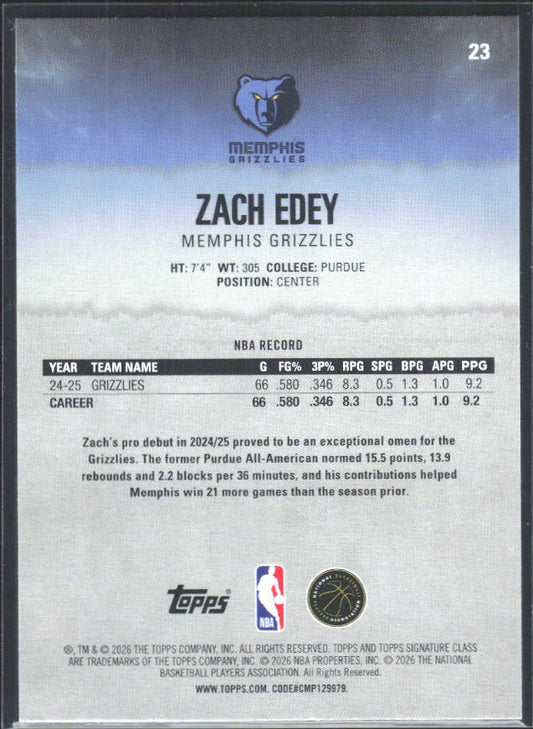 2025-26 Topps Signature Class #23 Zach Edey - baksida