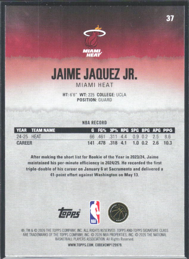 2025-26 Topps Signature Class #37 Jaime Jaquez Jr. - baksida