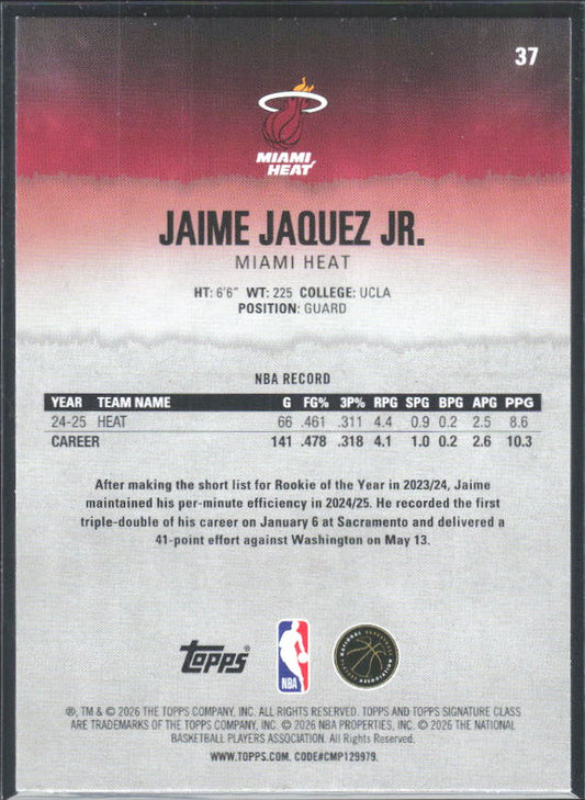 2025-26 Topps Signature Class #37 Jaime Jaquez Jr. - baksida