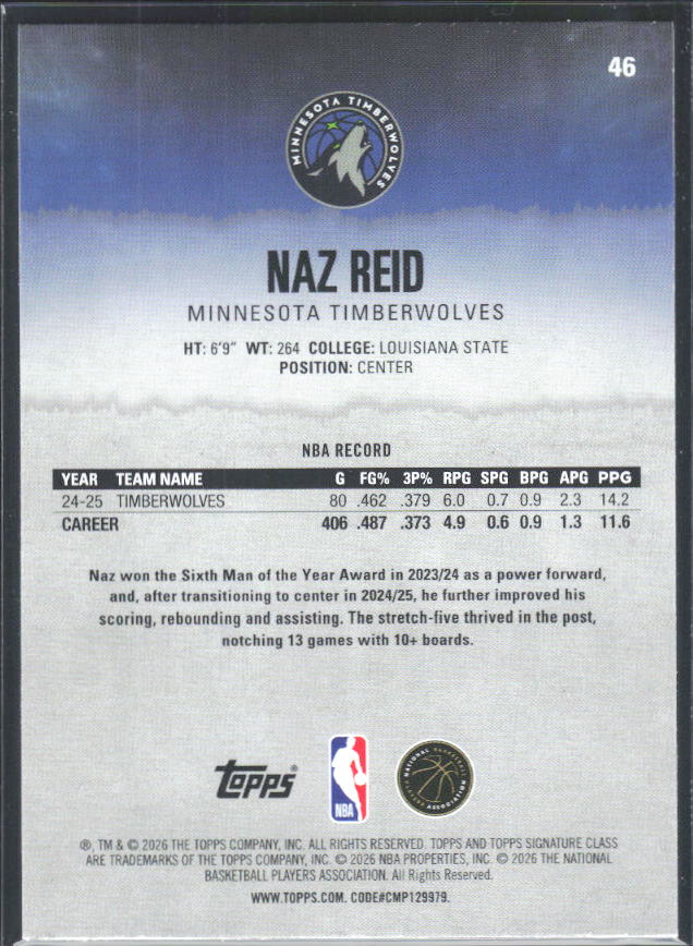 2025-26 Topps Signature Class #46 Naz Reid - baksida
