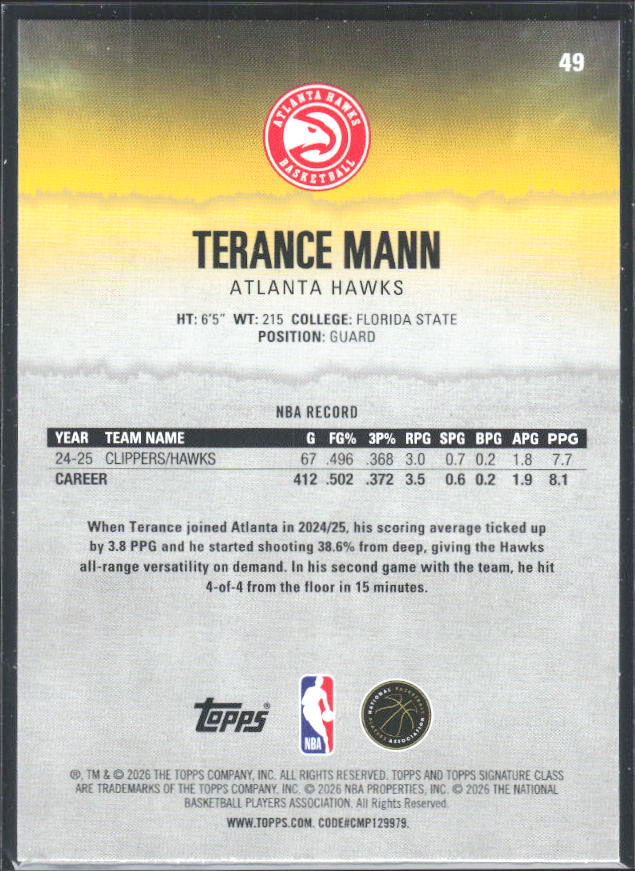 2025-26 Topps Signature Class #49 Terance Mann - baksida