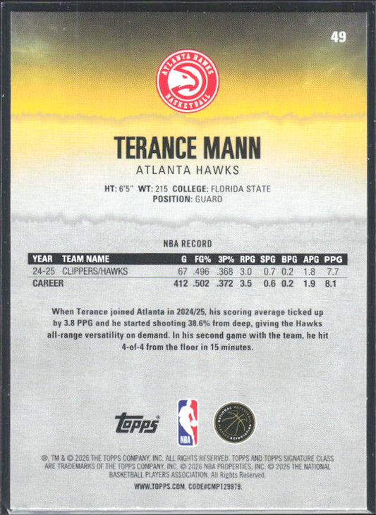 2025-26 Topps Signature Class #49 Terance Mann - baksida