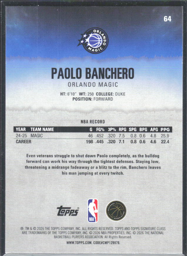 2025-26 Topps Signature Class #64 Paolo Banchero - baksida