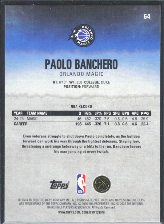 2025-26 Topps Signature Class #64 Paolo Banchero - baksida