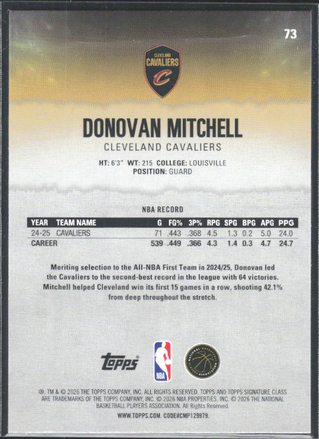2025-26 Topps Signature Class #73 Donovan Mitchell - baksida
