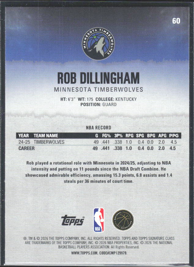 2025-26 Topps Signature Class #60 Rob Dillingham - baksida